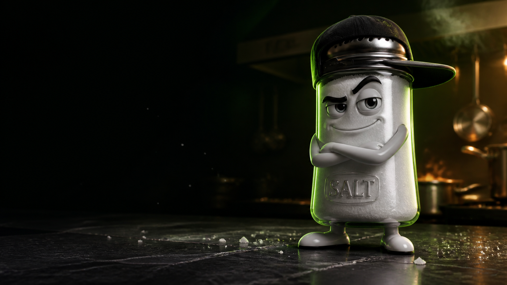 SALT, a confident salt shaker character, standing in a moody kitchen